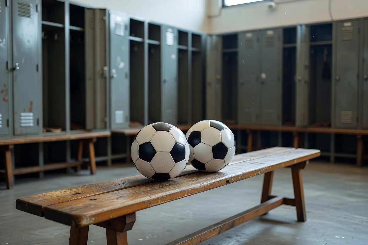 Two footballs side by side on a locker room bench