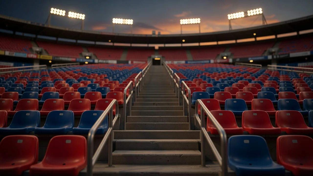Empty stadium seats split by a stairway at dusk
