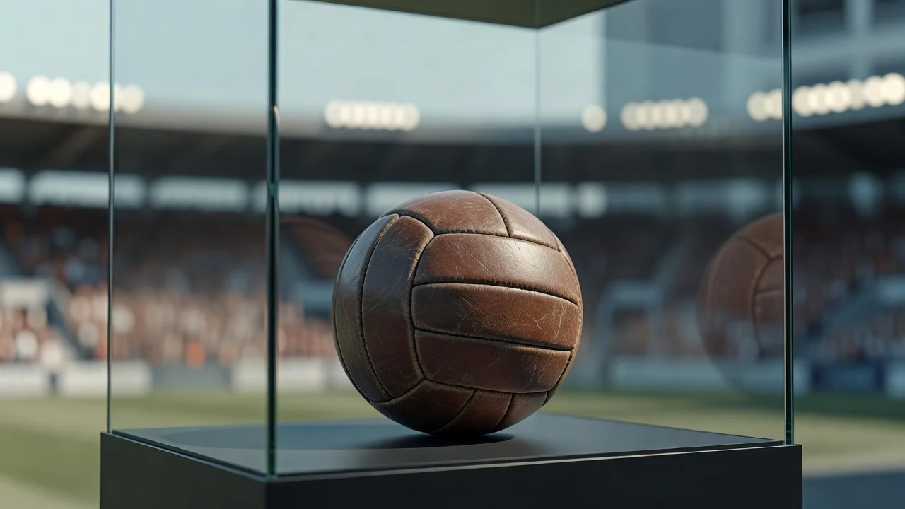 Vintage 1980s leather football on museum glass