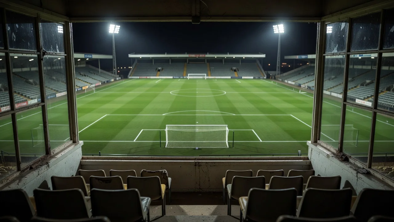 Old stadium press box overlooking a floodlit pitch