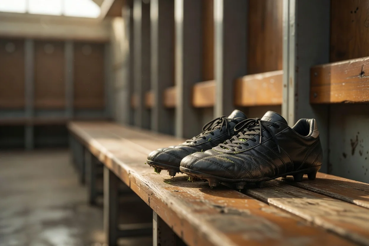 Striker’s boots on a locker room bench in warm light