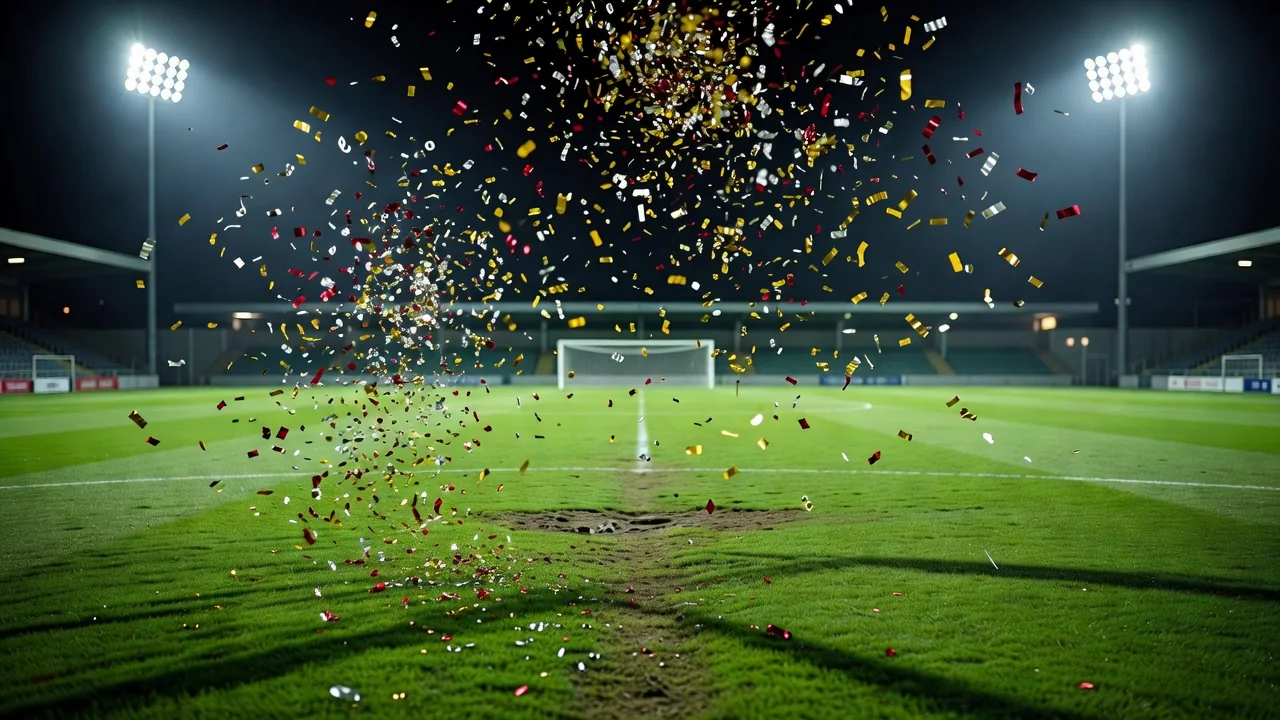 Goal celebration confetti floating over a pitch at night