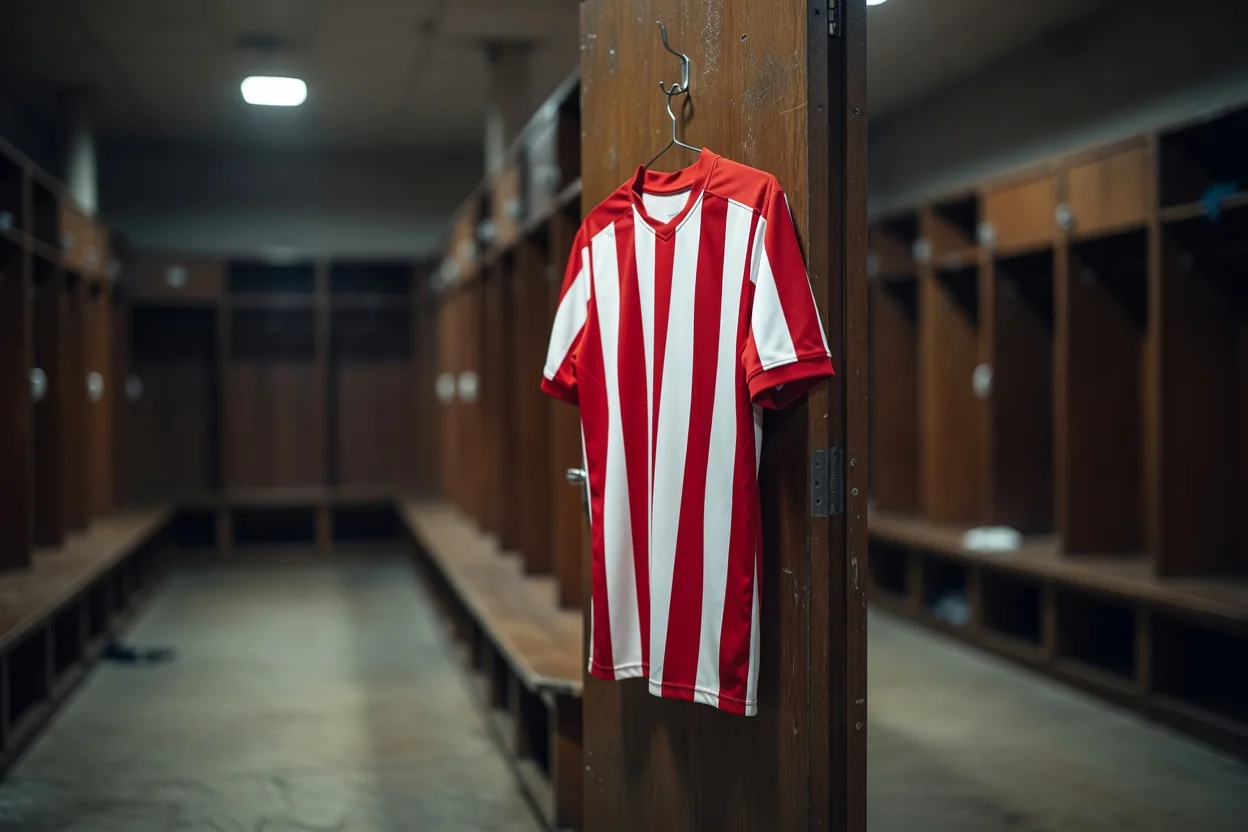 Red and white striped football jersey hanging in a locker room, no numbers