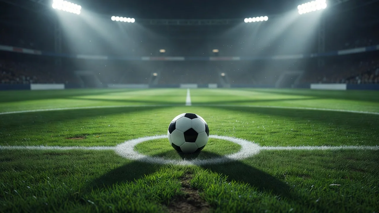 Football resting on the penalty spot under dramatic stadium lights
