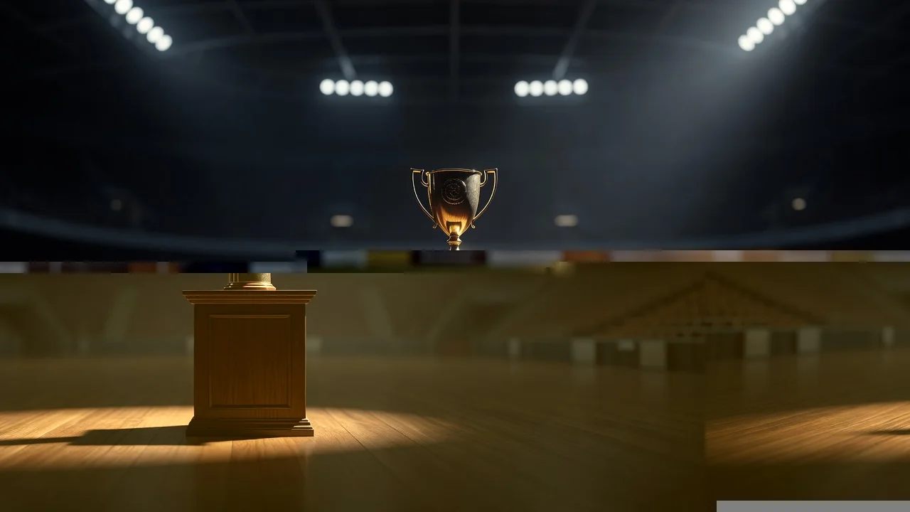Golden championship trophy on a wooden podium in a dark hall