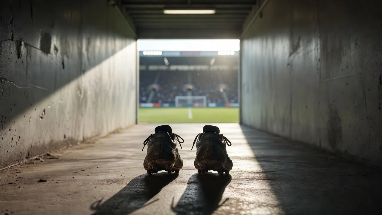 Football boots walking down a players tunnel toward the light