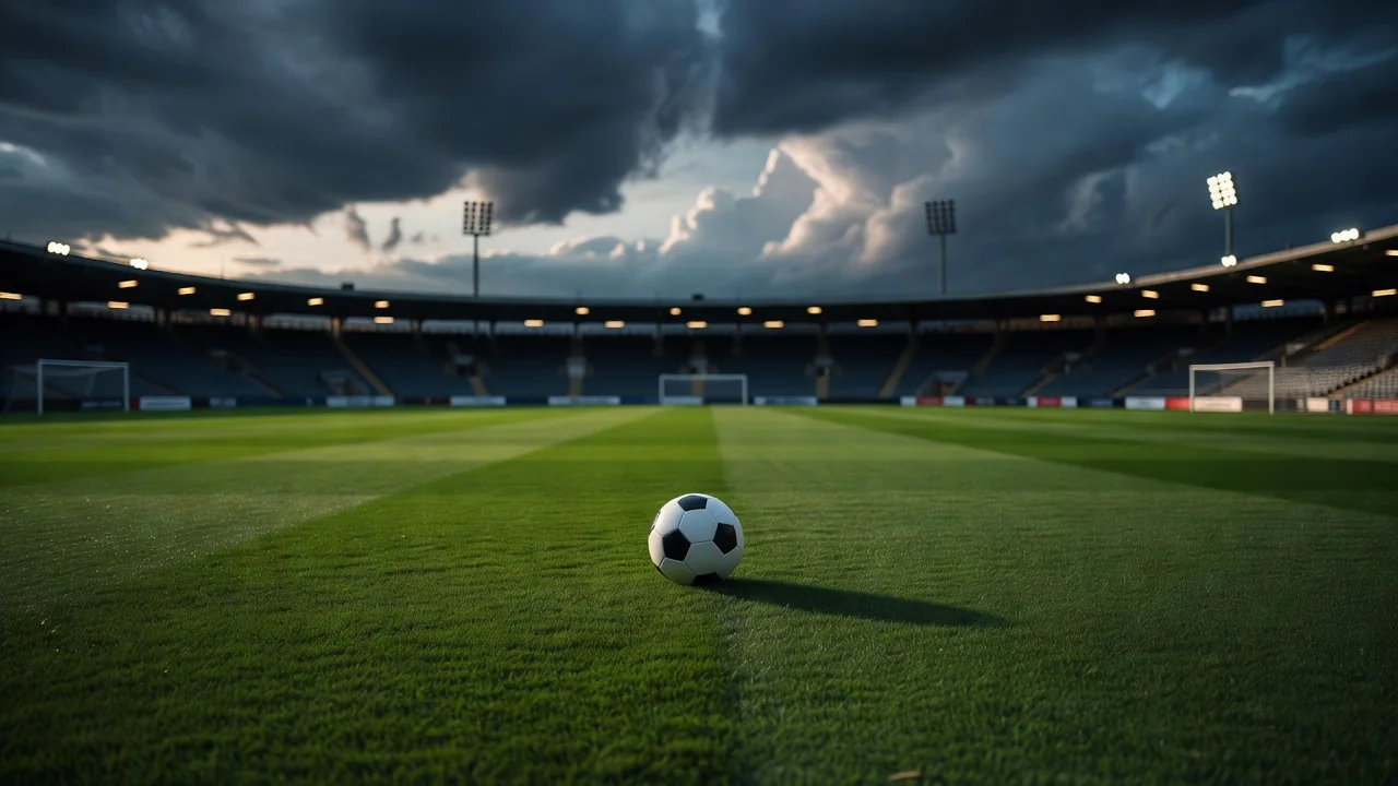 Green pitch with a single ball under dramatic evening clouds