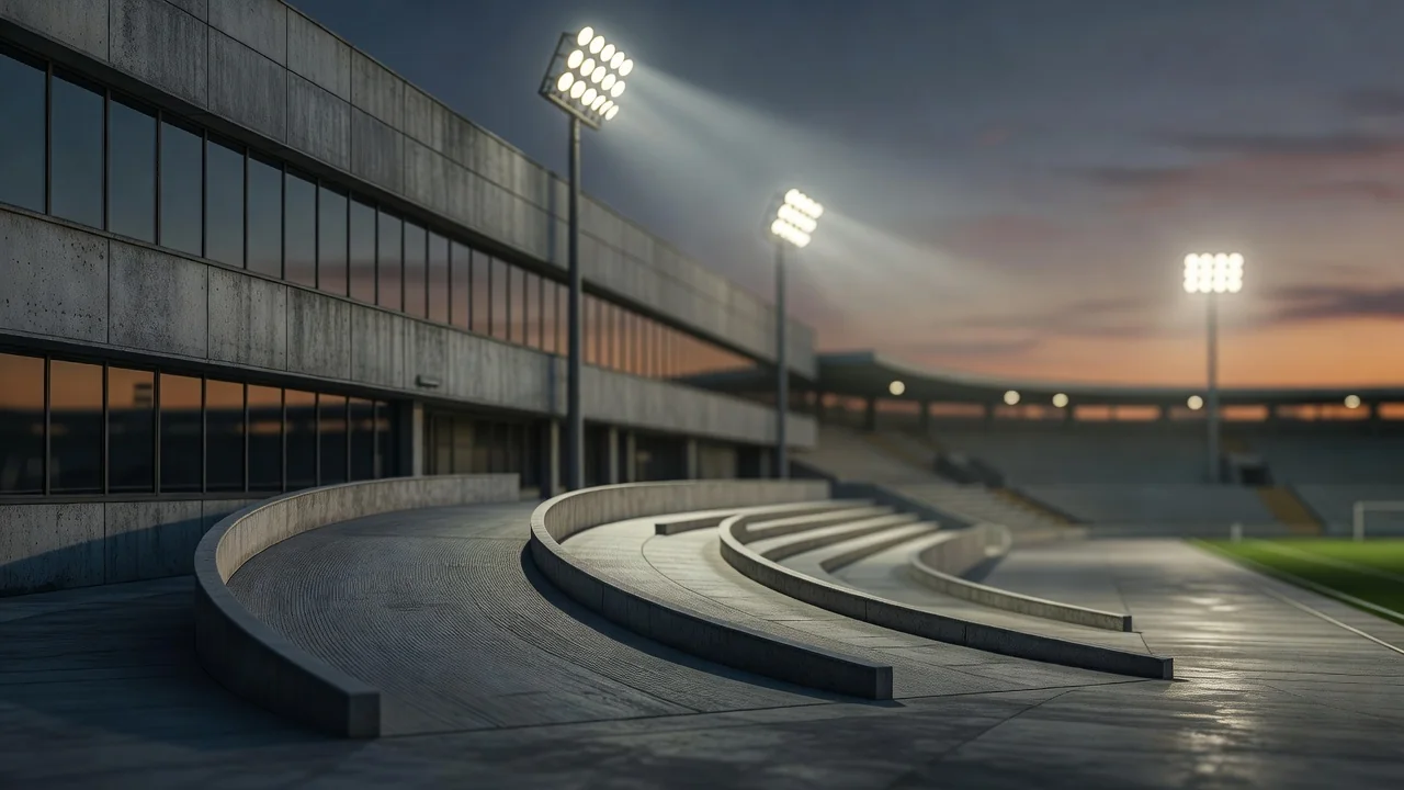 Stadium facade and ramps at dusk with lights switching on