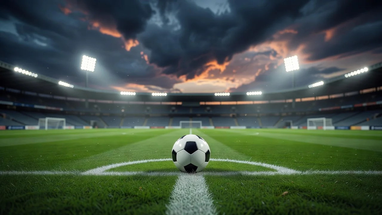 Football on the kickoff spot under a dramatic sky