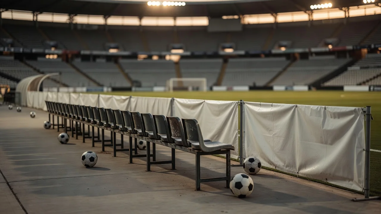 Bench and technical area of a Mexican stadium at dusk