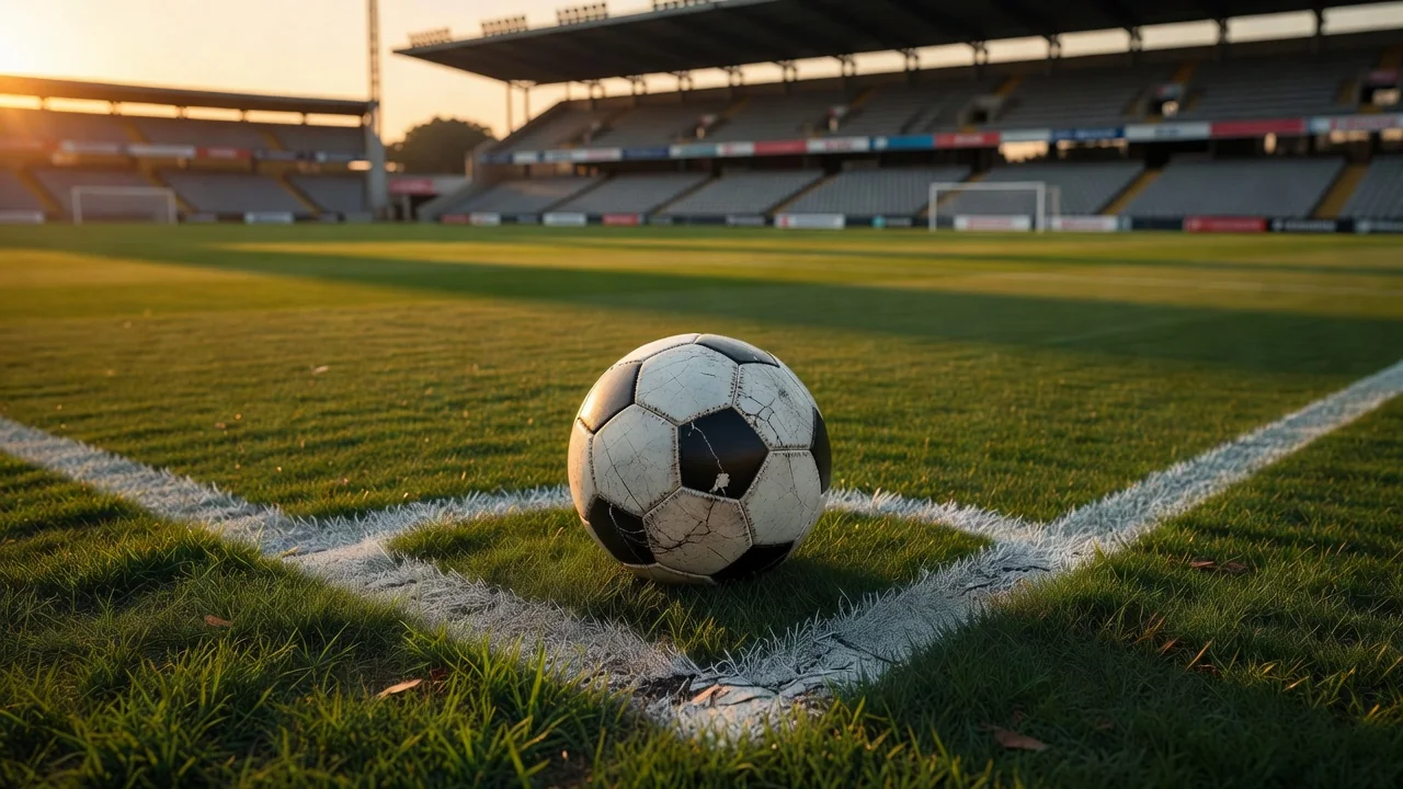 Well-worn football at the edge of a six-yard box at sunset