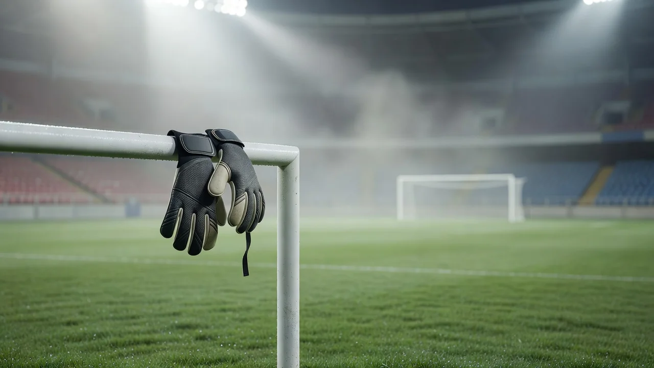 Goalkeeper gloves resting on a goalpost in morning mist
