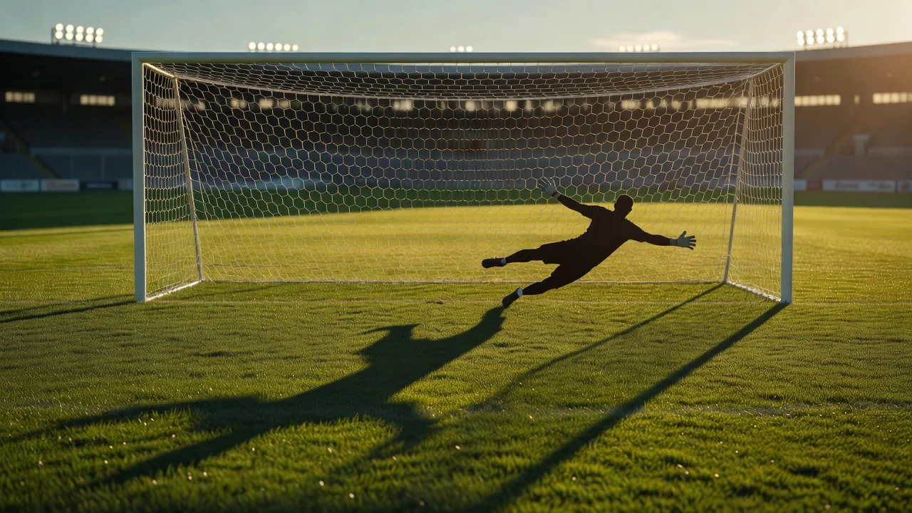 Diving shadow across a goalmouth at golden hour