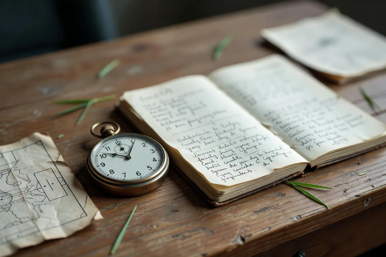 Vintage stopwatch and notebook on a wooden desk