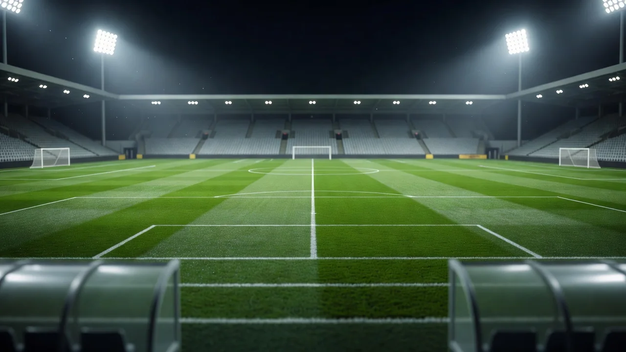 Floodlit empty pitch seen from the technical area