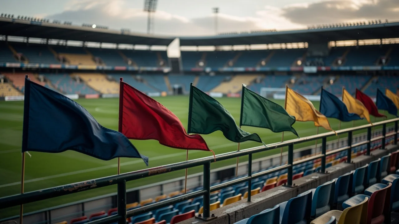 Row of fluttering pennants on a stadium railing, no text