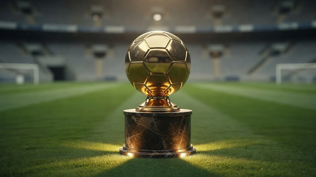 Golden football trophy on a pedestal with soft spotlights