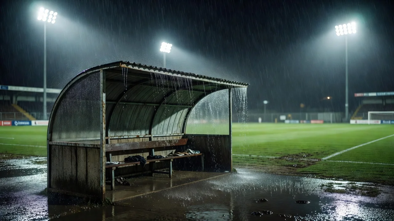 Rain falling on a dugout roof during a night match