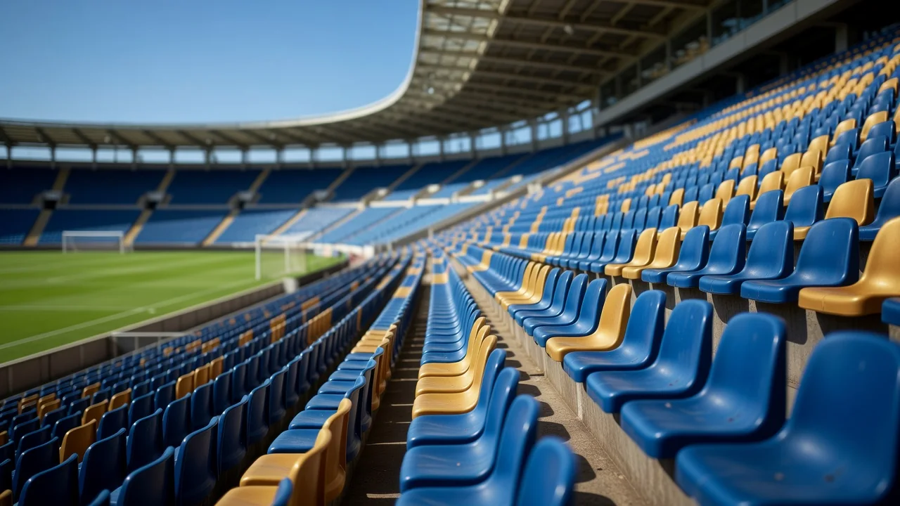 Empty grandstand seats in blue and gold under a bright sky