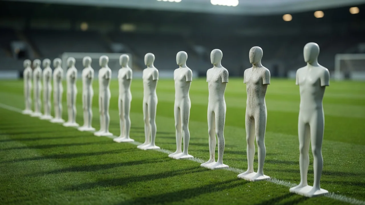 Training ground mannequins lined up on the grass