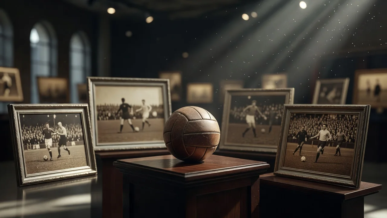 Old photographs and a football on a museum display, no text