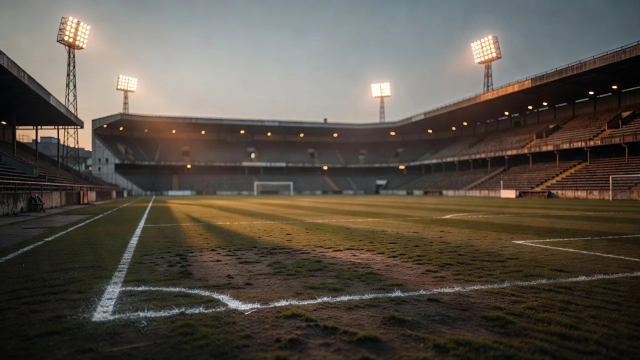 Stadium lights turning on over an empty historic pitch