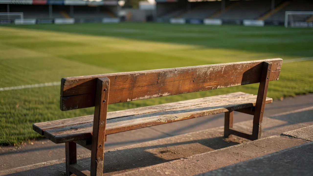 Old wooden stadium bench in warm afternoon light
