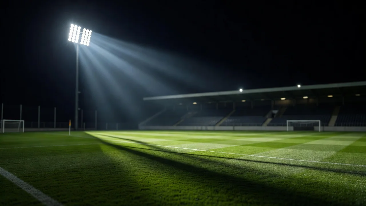 Floodlight tower shining over an empty night pitch