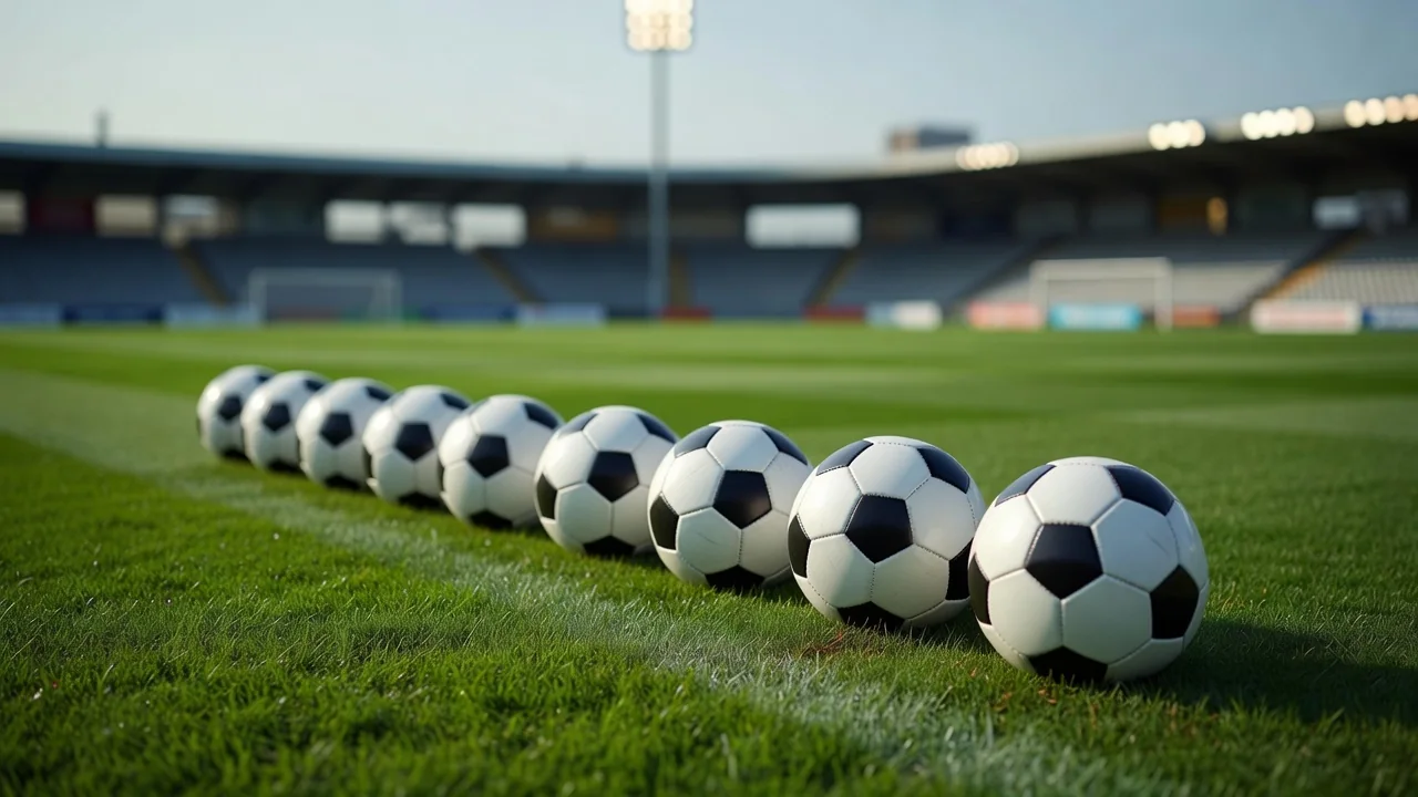 Row of classic footballs lined up on freshly cut grass