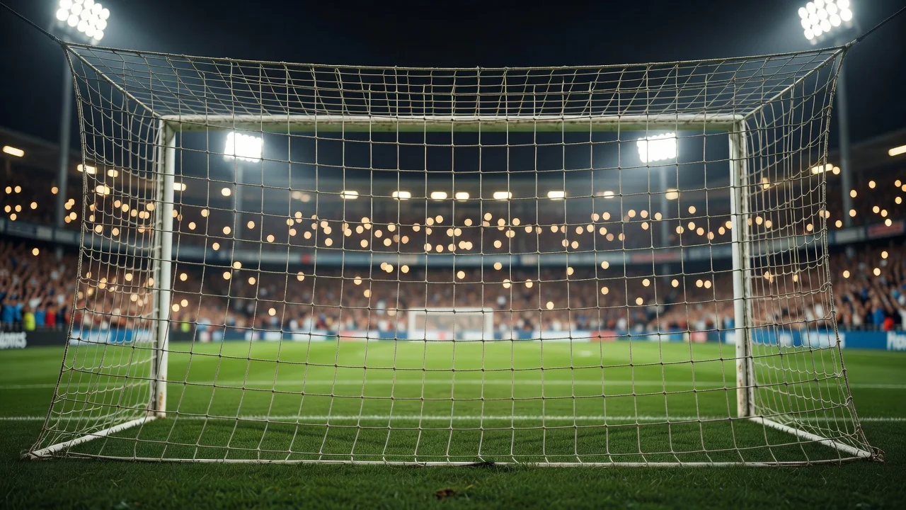 Goal net close-up with a blurred stadium crowd of lights behind