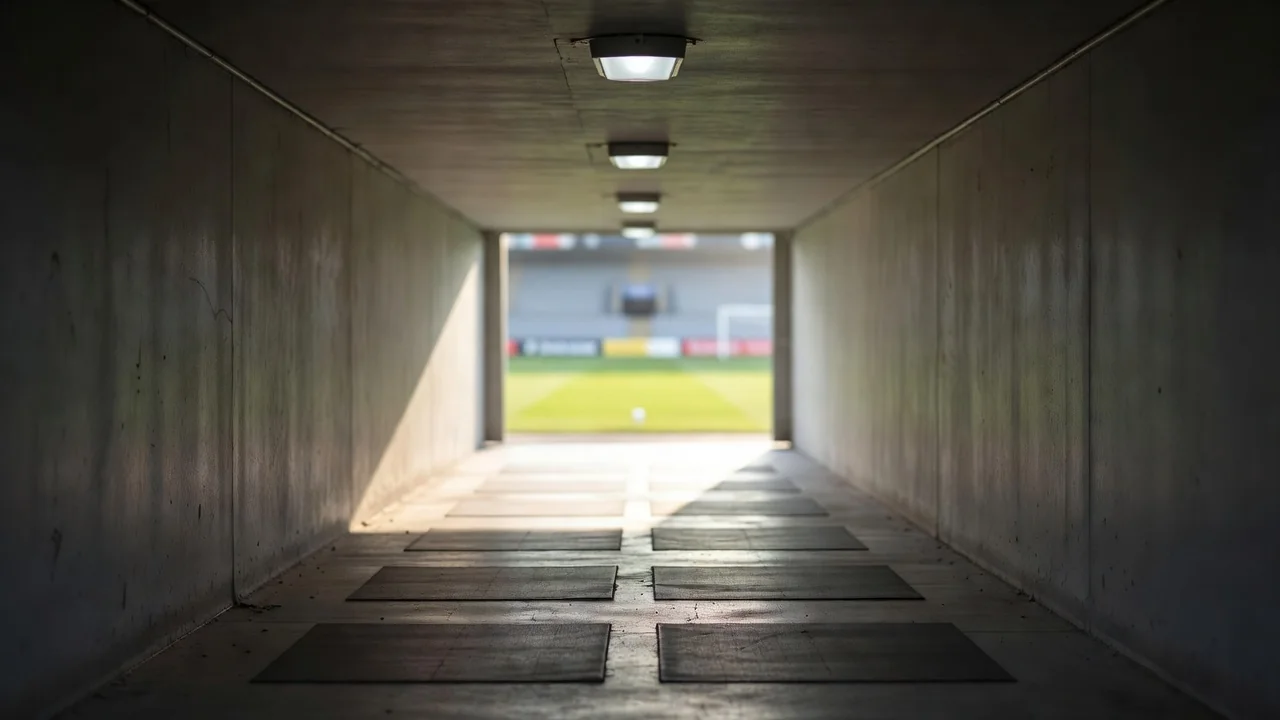 Stadium tunnel leading toward bright pitch light