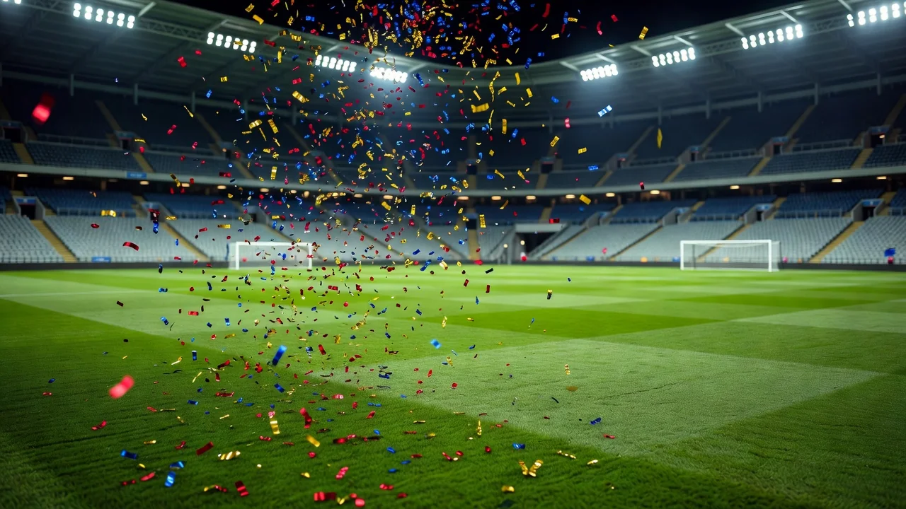 Confetti falling over an empty pitch after a final