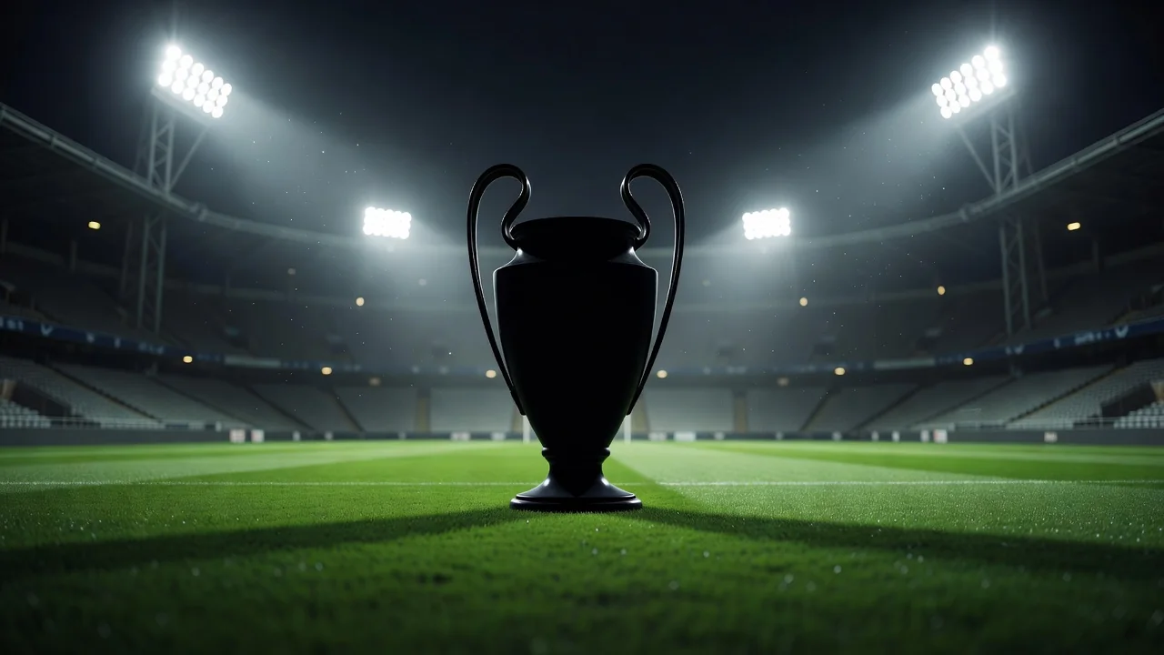 Champions trophy silhouette against stadium floodlights