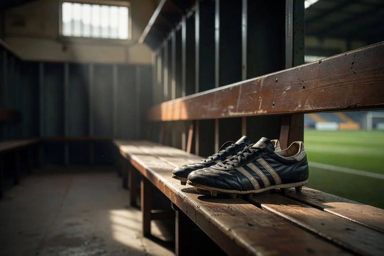 Classic 1980s football boots on a wooden locker bench