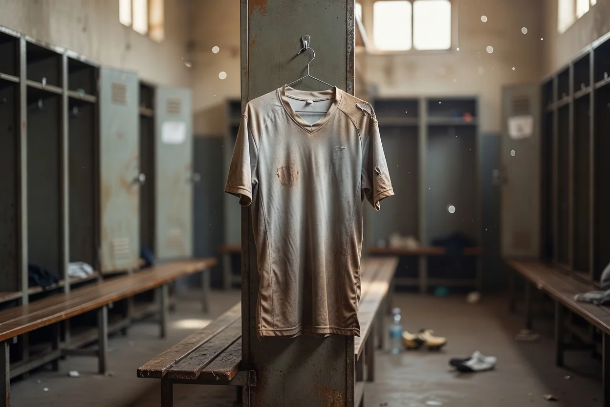 Well-worn numberless jersey on a hanger in a locker room