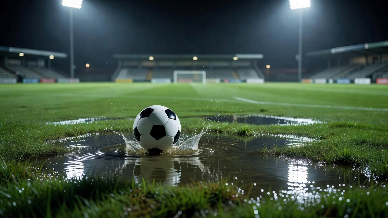 Ball rolling through puddles on a night pitch