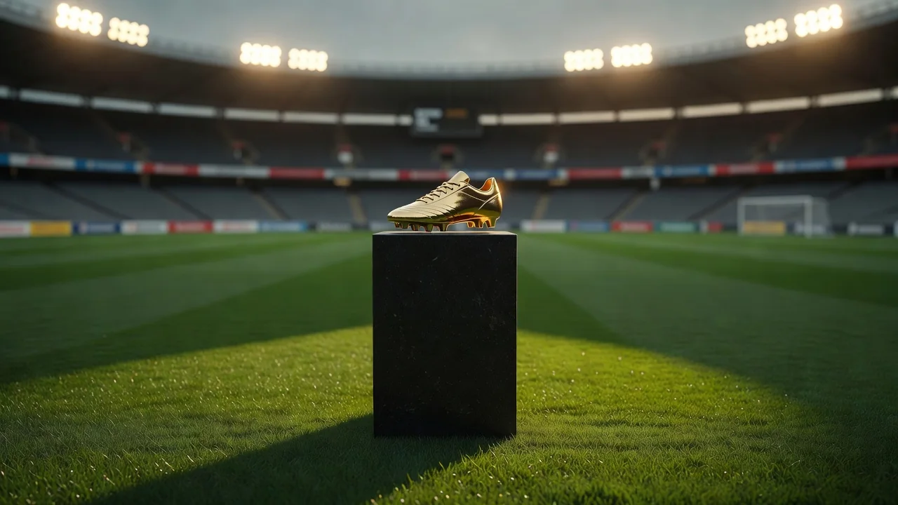Golden boot trophy on a dark pedestal