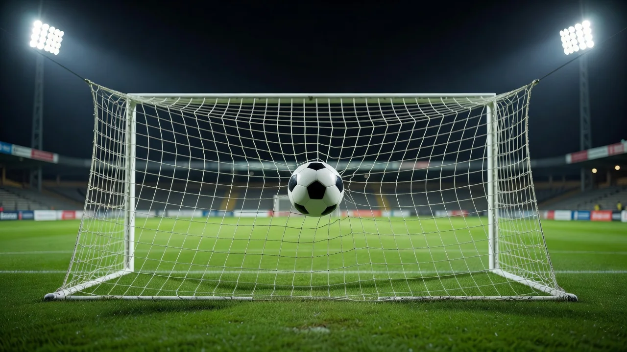 Goal net bulging with a ball under floodlights