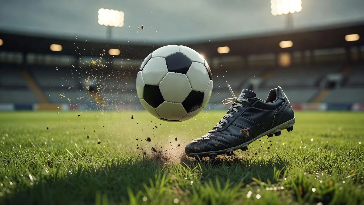 Striker’s boot striking a football mid-volley with grass particles flying