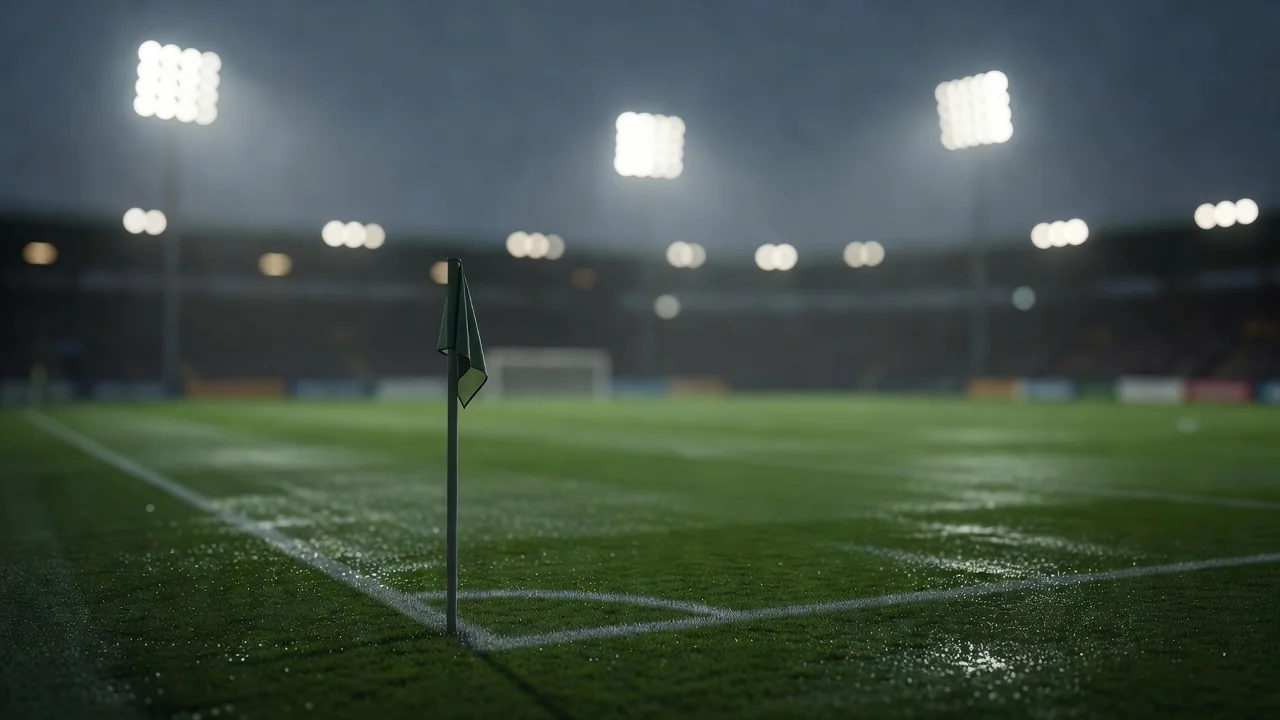 Corner flag on a wet pitch with stadium lights blurred behind