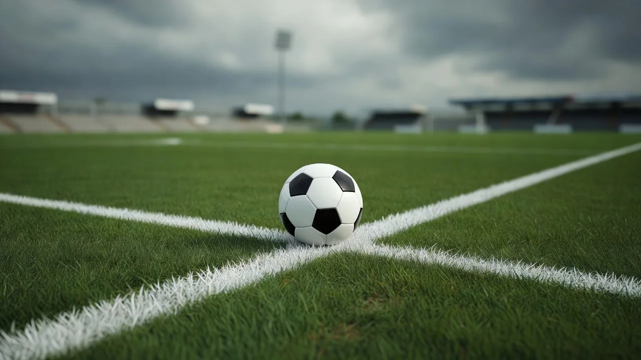 Football lying on a border line of a pitch under cloudy sky