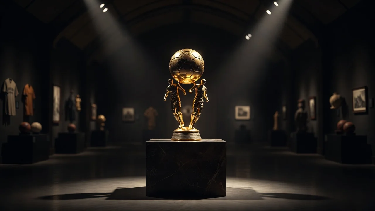 Carlos Bilardo – a Hero of Mexican Football World Cup style trophy on a pedestal in a dark museum hall