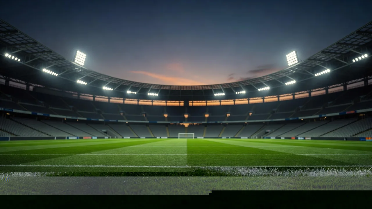Grand football stadium bowl glowing under floodlights at dusk