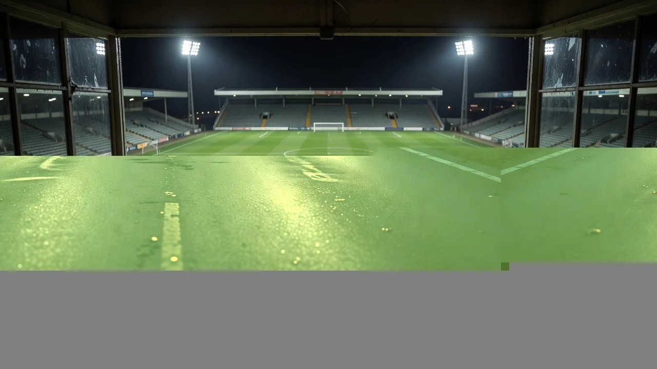 Long empty road leading toward a floodlit stadium on the horizon