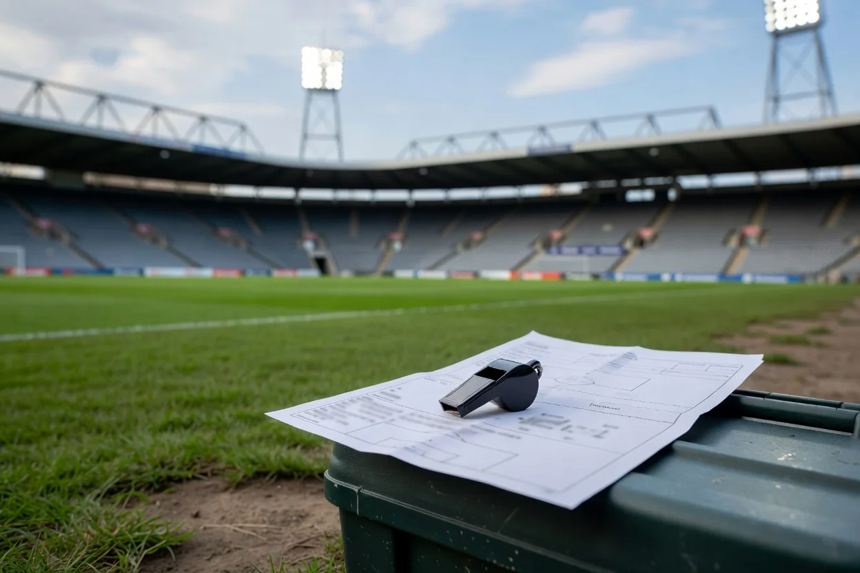 Hugo Sánchez – Great Coach of Mexican Football Whistle resting on a folded training plan at pitchside