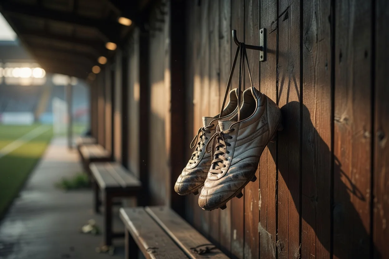 Football boots hanging by laces from a peg in warm light