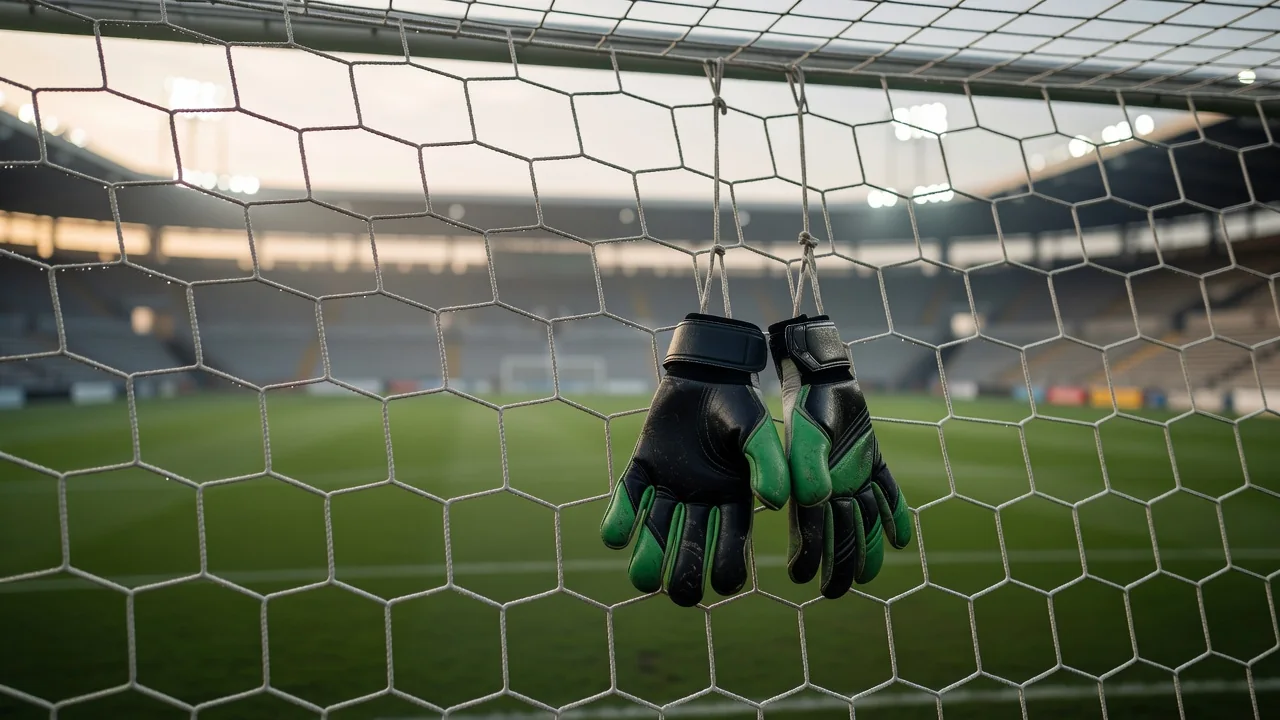 Goalkeeper gloves hanging on a goal net in morning light