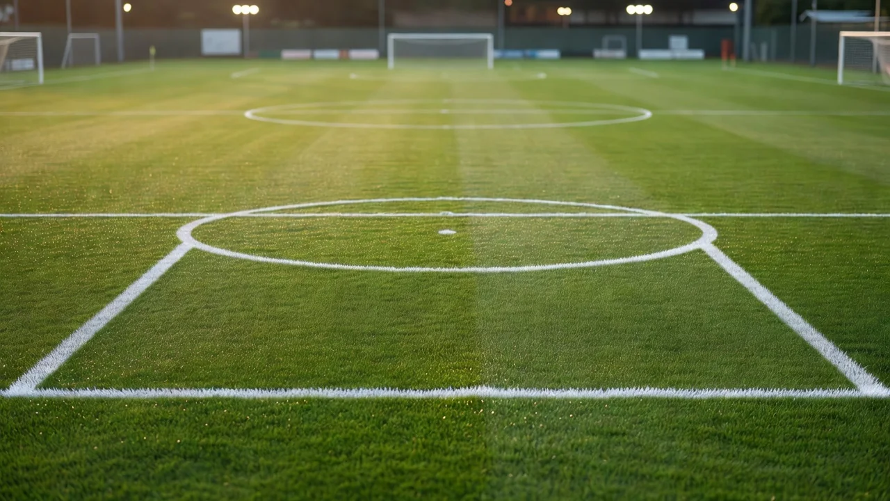 Football pitch with fresh white lines under early morning light