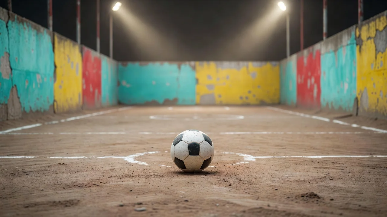 Football on a dusty street pitch between colorful walls