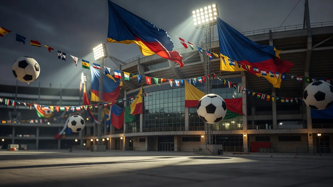 Monumental stadium exterior decorated for a global tournament